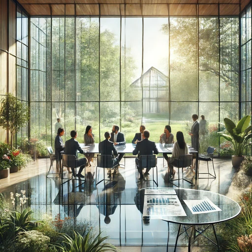 Groupe de personnes autour d'une table ronde dans un décor qui illustre la transparence avec des grandes vitres